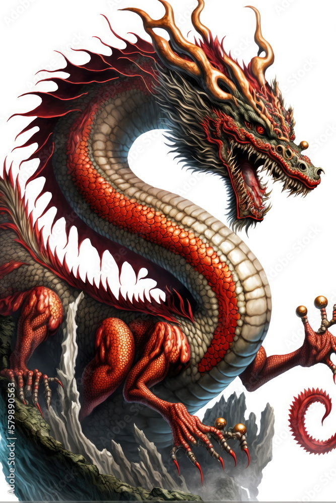 Fototapeta premium Chinese dragon on white background, Made by AI,Artificial intelligence