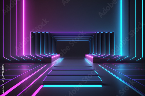 Blue Pink Neon Lines Abstract Background With Line Glowing. Generative AI.