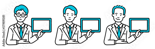 タブレットを持って案内するビジネスマン