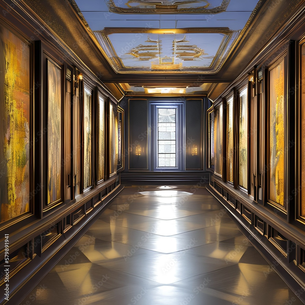 Upstairs hallway with modern art on the walls 2_SwinIRGenerative AI