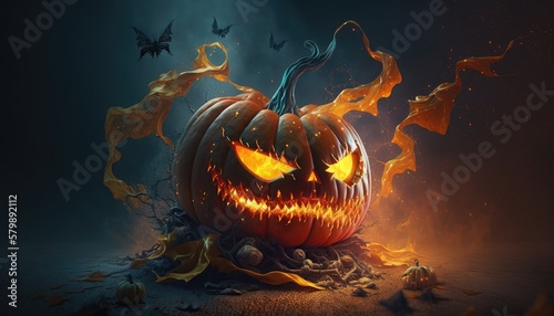 Creepy burning halloween pumpkins. Created with generative AI.