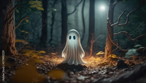 Cute funny ghost in a forest. Created with Generative AI.