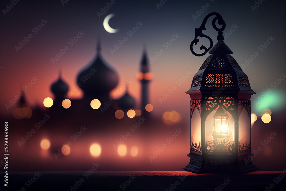 Fototapeta premium Ramadan Kareem greeting with serene mosque background with beautiful glowing lantern. Generative AI.