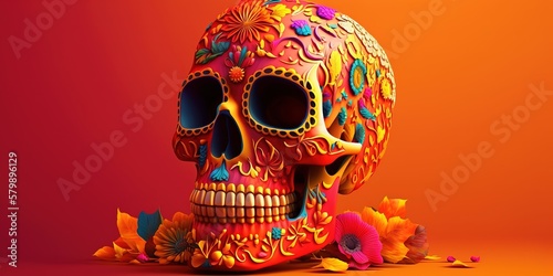 colorful skull on vivid orang background, day of the dead, dia de muertos, Generative AI