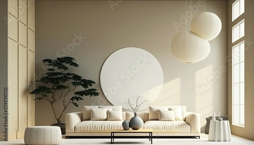 a muted earthy tones colored Scandinavian  boho-themed living room interior background  Wall Art Mockup  3D rendered  contemporary  Japandi-themed  modern interior mockup. Generative AI