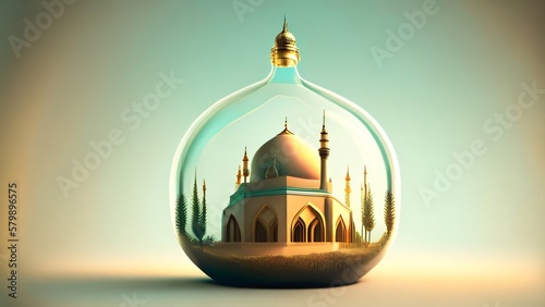 golden christmas ball. Mosque in a glass bottle 