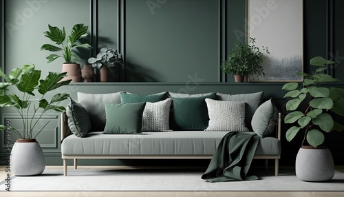 a forest-green Scandinavian  boho-themed living room interior background  Wall Art Mockup  Japandi  3D rendered  contemporary  Japandi-themed  modern interior mockup. Generative AI