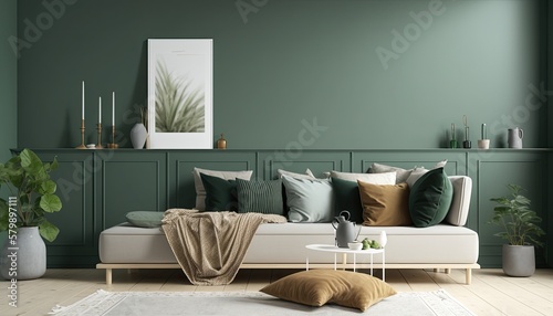 a forest-green Scandinavian, boho-themed living room interior background, Wall Art Mockup, Japandi, 3D rendered, contemporary, Japandi-themed, modern interior mockup. Generative AI