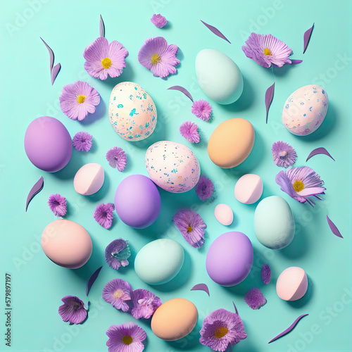 Easter Eggs and spring flowers background