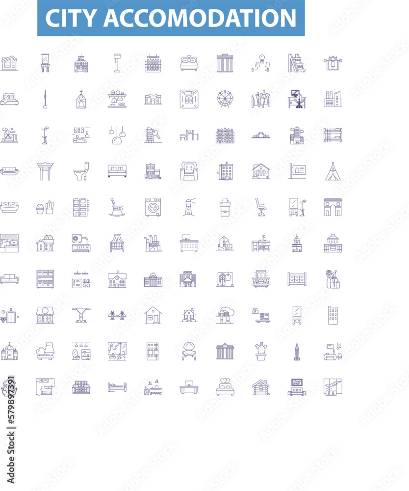 City accomodation line icons, signs set. Lodging, Accommodation, Housing, Inn, Bed and breakfast, Hotel, Hostel, Airbnb, Suites outline vector illustrations.