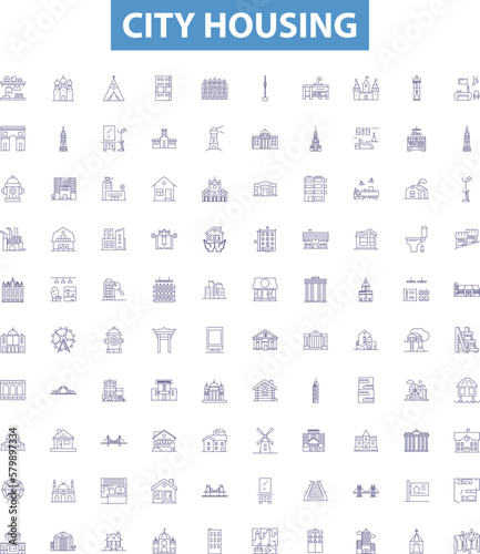 City housing line icons, signs set. Urban, dwellings, residences, homes, apartments, condos, townhouses, complexes, abodes outline vector illustrations.