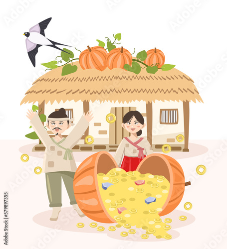 Flat illustration of Korean fairytale, Heungbu and Nolbu