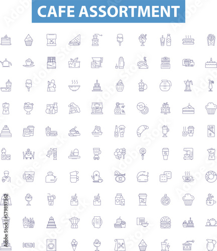 Cafe assortment line icons, signs set. Coffee, Tea, Latte, Espresso, Bagels, Muffins, Croissants, Snacks,Sandwiches outline vector illustrations.