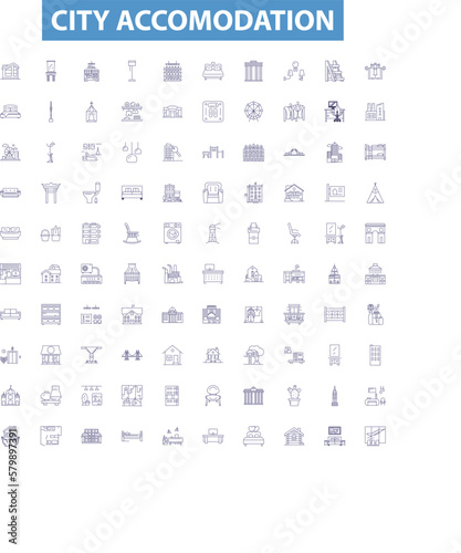 Obraz na płótnie City accomodation line icons, signs set. Lodging, Accommodation, Housing, Inn, Bed and breakfast, Hotel, Hostel, Airbnb, Suites outline vector illustrations. w salonie