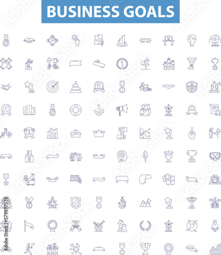 Business goals line icons, signs set. Ambition, Profit, Expansion, Productivity, Clientele, Quality, Innovation, Efficiency, Impact outline vector illustrations.