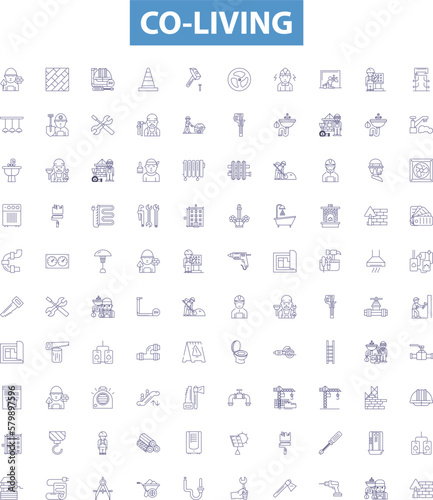 Co-living line icons, signs set. Co housing, Roomshare, Cohabit, Commune, Lodging, Cohabitation, Shared living, Flatmate, Sharing living outline vector illustrations.