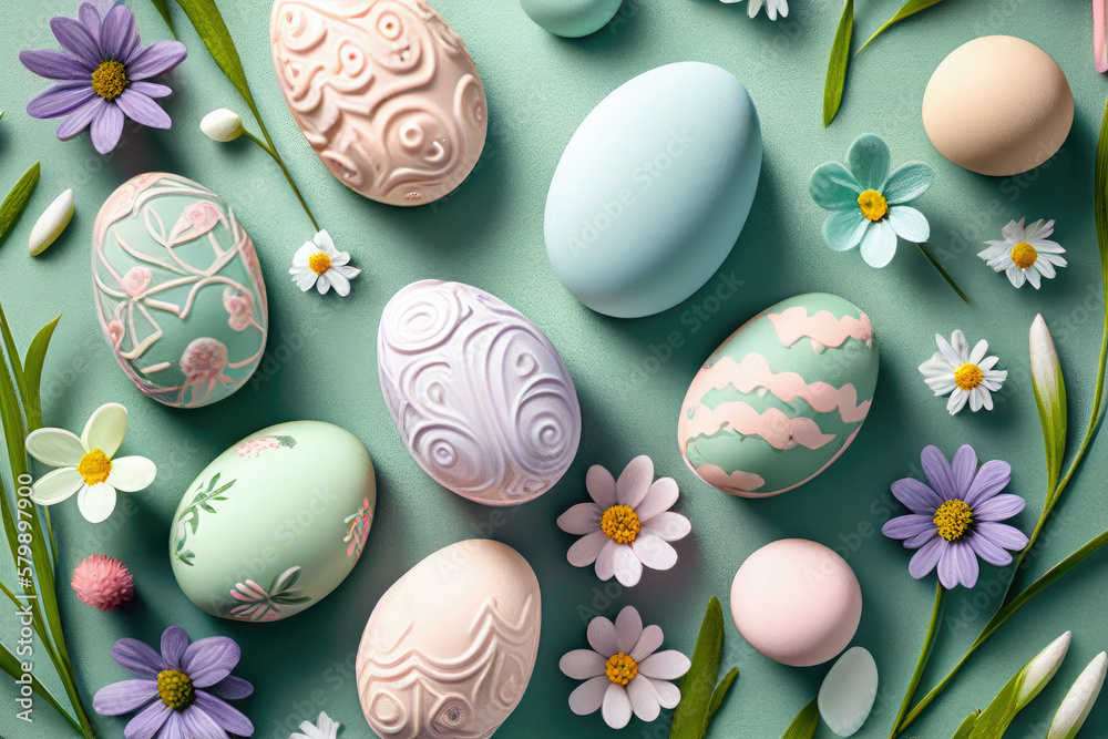 Easter Eggs and spring flowers background Easter Eggs and spring flowers background
