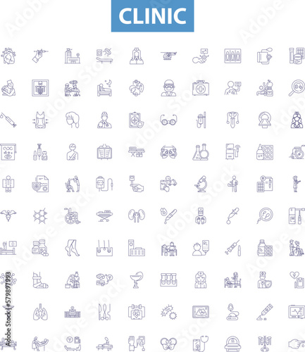Clinic line icons, signs set. clinic, health, center, hospital, medical, care, health care, doctor, facility outline vector illustrations.