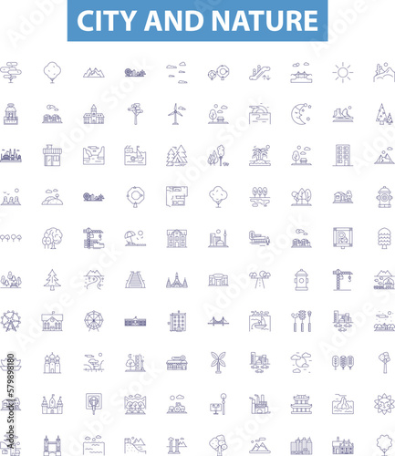 City and nature line icons, signs set. urban, rural, landscape, backdrop, locale, skyline, architecture, vegetation, boroughs outline vector illustrations.