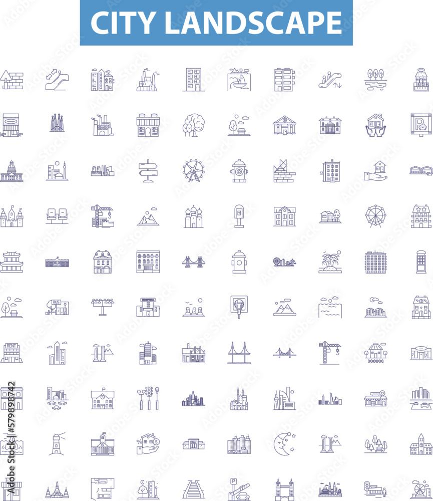 City landscape line icons, signs set. Urban, skyline, streetscape, skyline, architecture, metropolis, vista, hustle, bustle outline vector illustrations.
