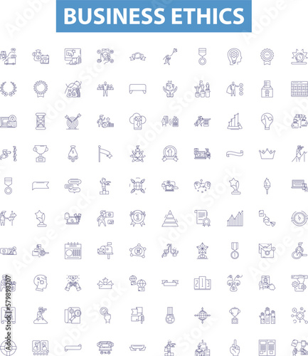Business ethics line icons, signs set. Integrity, Honesty, Respect, Trust, Morals, Fairness, Credibility, Transparency, Accountability outline vector illustrations.