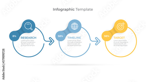 Business infographic modern elements. Timeline with 3 steps, options, circles, arrows. Vector chart.