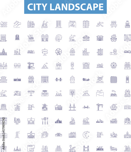 Obraz na płótnie City landscape line icons, signs set. Urban, skyline, streetscape, skyline, architecture, metropolis, vista, hustle, bustle outline vector illustrations. w salonie
