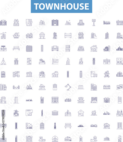 Townhouse line icons, signs set. Townhome, Townhouse, Rowhouse, Villa, Cottage, Bungalow, Duplex, Condo, Residence outline vector illustrations.