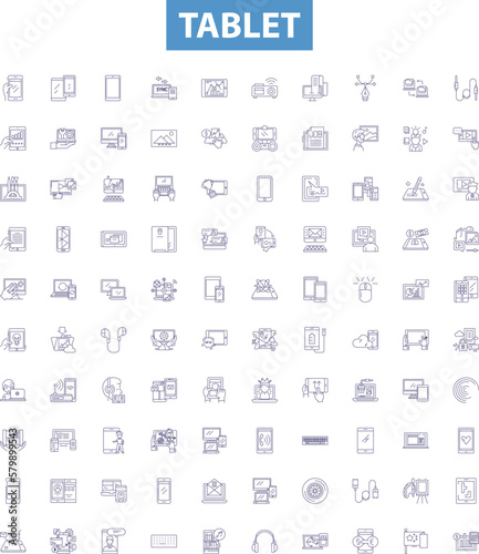 Tablet line icons, signs set. Tablet, iPad, Android, Samsung, Fire, Windows, Kindle, Computer, Slate outline vector illustrations. photo