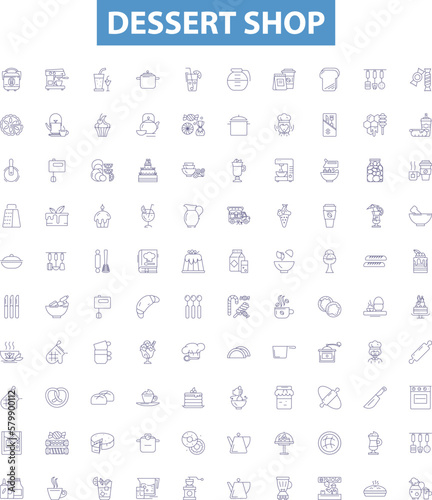 Dessert shop line icons, signs set. dessert, shop, bakery, pastry, confectionery, ice cream, sorbet, parlor, cafe outline vector illustrations.