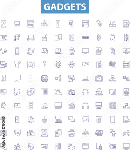 Gadgets line icons, signs set. devices, electronics, appliances, tools, technology, toys, iPhones, computers, tablets outline vector illustrations.