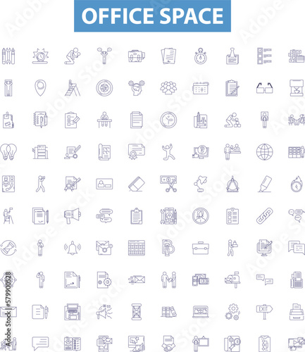 Office space line icons, signs set. Cubicle, Desk, Chair, Computer, Printer, Office, Supply, Room, Layout outline vector illustrations.
