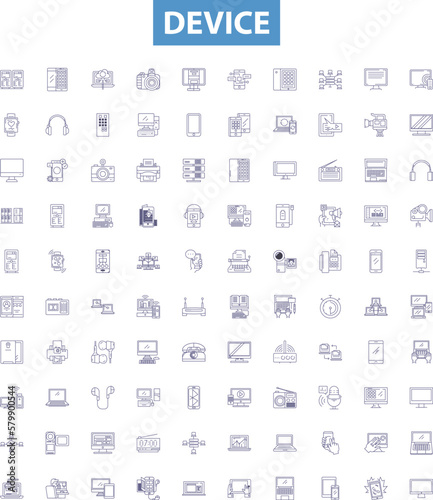 Device line icons, signs set. Device, Gadget, Tool, Equipment, Implement, Gizmo, Contraption, Mechanism, Apparatus outline vector illustrations.