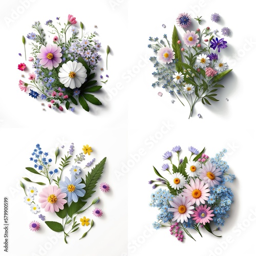 Flower Bouquet Bluebell, Chrysanthemum, Alpine Forget Me Not White Background, Top View Flower Bouquet on White Background Created With Generative Ai Technology © Supermarket Flowers
