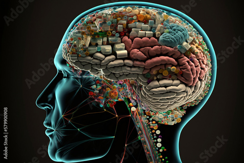 Brain and mind dominated by drugs and pils, brain of addicts, brain structure full of medicine photo