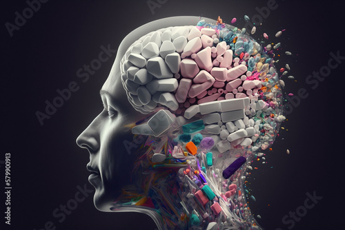 Brain and mind dominated by drugs and pils, brain of addicts, brain structure full of medicine photo