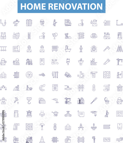 Home renovation line icons, signs set. Renovate, Remodel, Redecorate, Repair, Update, Decorate, Paint, Install, Refurbish outline vector illustrations.