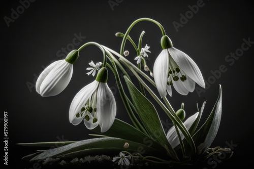 Snowdrops flowers on black background. Generative AI