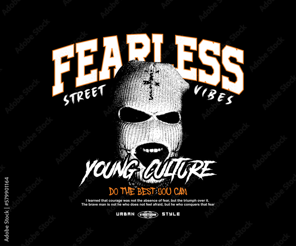 balaclava mask illustration with fearless slogan print, aesthetic graphic design for creative clothing, for streetwear and urban style t-shirts design, hoodies, etc - obrazy, fototapety, plakaty 