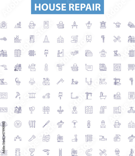 House repair line icons, signs set. Housekeeping, Plumbing, Painting, Tiling, Carpentry, Roofing, Caulking, Insulation, Sweeping outline vector illustrations.