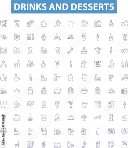 Drinks and desserts line icons, signs set. Cocktails, Beverages, Juices, Smoothies, Beer, Wine, Soup, Pasta, Pizza outline vector illustrations.