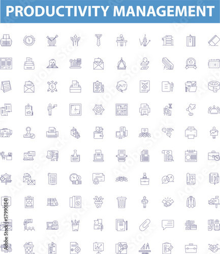 Productivity management line icons, signs set. Timekeeping, Efficiency, Prioritizing, Organizing, Targeting, Scheduling, Tracking, Measuring, Self discipline outline vector illustrations.