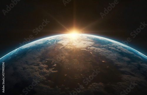 Nightly Earth planet in outer space with sun flare. Generative AI