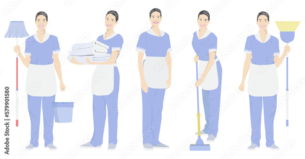 Cleaning service set. maids with equipment vector illustration.