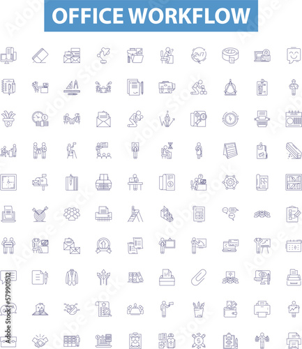Office workflow line icons, signs set. Workflow, Office, Process, Automation, Management, Task, Efficiency, System, Document outline vector illustrations.