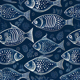 seamless repeating pattern, indigo resist, indigo dye, traditional german style, primative, simple, fish, playful