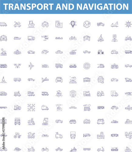 Transport and navigation line icons, signs set. Transportation, Navigation, Ships, Planes, Boats, Roads, Maps, Tracks, Cars outline vector illustrations.
