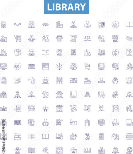 Library line icons, signs set. Library, Books, Reference, Sections, Knowledge, Catalog, Resources, Reading, Shelves outline vector illustrations.