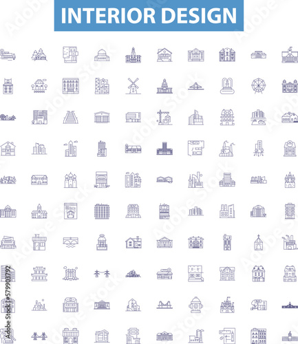 Interior design line icons, signs set. Decor, Styling, Furnishings, Layout, Colour, Light, Painting, Wallpaper, Art outline vector illustrations.