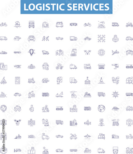 Logistic services line icons, signs set. Logistics, Services, Shipping, Delivery, Cargo, Freight, Warehousing, Dispatch, Transportation outline vector illustrations.